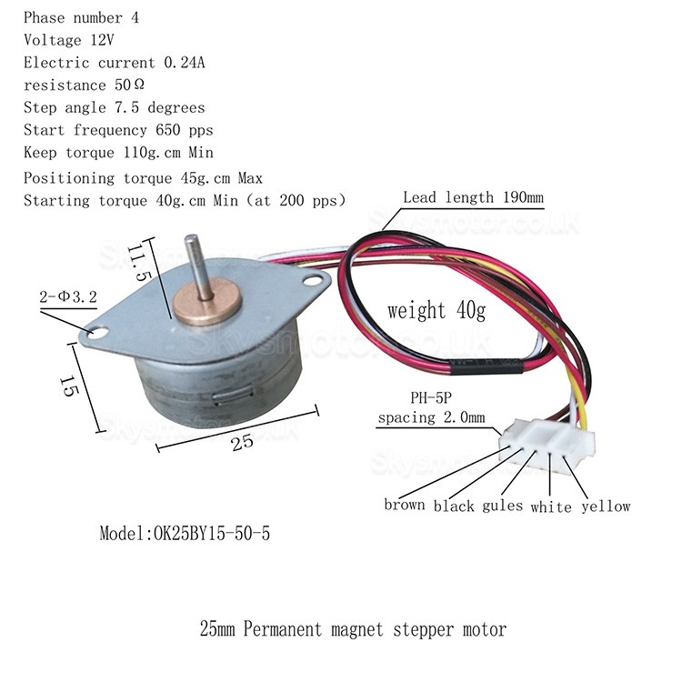 Oukeda PM Stepper Motor Permanent Magnet Motor 4 Phase OK25BY15-50-5 7.5 Deg 0.24A 44mN.m 